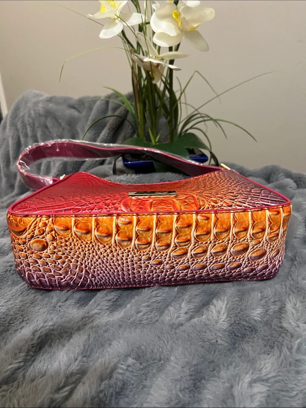 Gradient Croc-Embossed Shoulder Bag in Pink, Orange and Purple NWT
